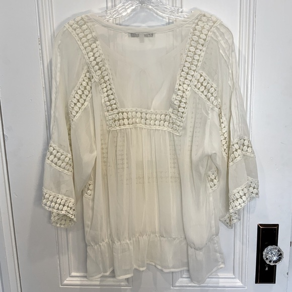 Daniel Rain Bohemian Sheer V Neck Tie Blouse with Embroidered Accents - Size S - Picture 3 of 5